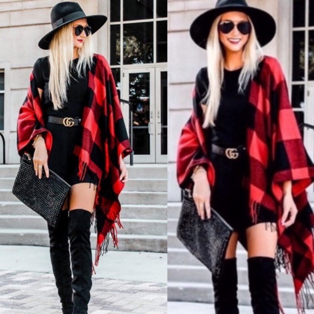 Buffalo Plaid Poncho w/Fringe Red & Black O/S - Picture 6 of 6